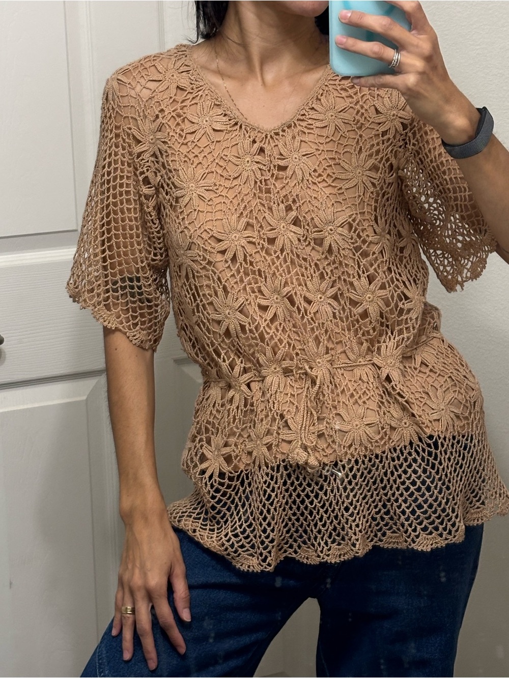 Women's Crochet Floral Tunic Top - Tan